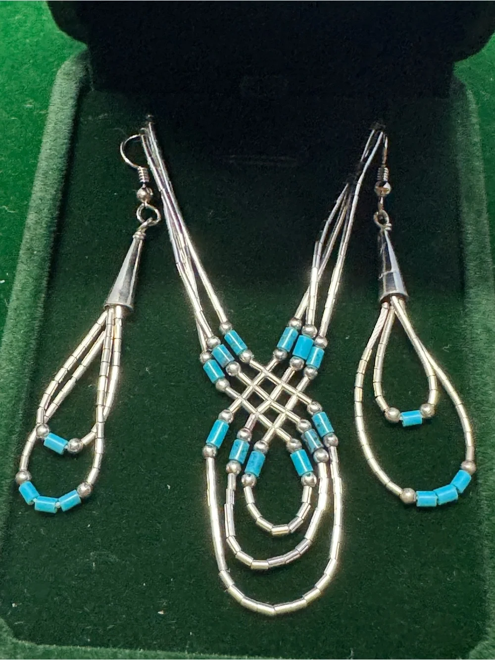Sterling Silver & Turquoise Beaded Necklace and Earrings Set